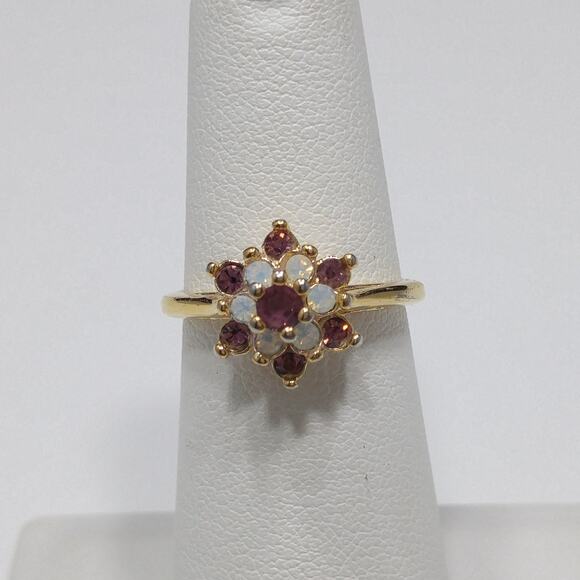 Vintage 1970s Gold Plated Purple Rhinestone Opal Cocktail Ring 18K HGE Sz 5¼ - Picture 6 of 10